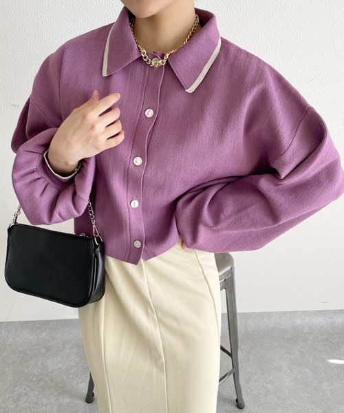 nemne store（ネンネストア）の「ライン入り衿付き配色カラーカーディガン（カーディガン/ボレロ・レディース・アイボリー/グリーン/ピンク/オレンジ・フリー）」の7枚目の写真