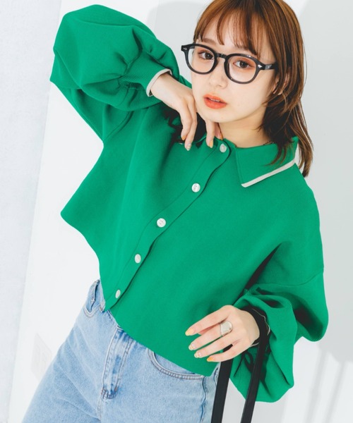 nemne store（ネンネストア）の「ライン入り衿付き配色カラーカーディガン（カーディガン/ボレロ・レディース・アイボリー/グリーン/ピンク/オレンジ・フリー）」の6枚目の写真