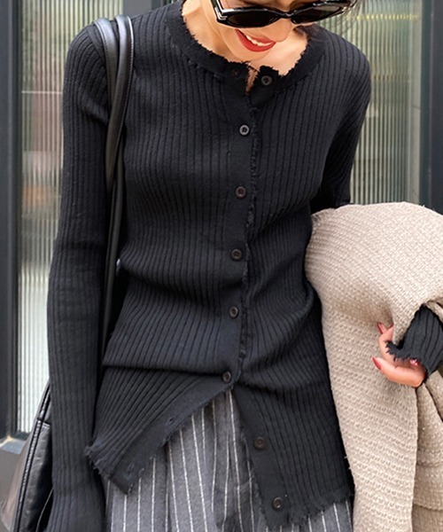 chuclla(チュクラ)の「【chuclla】【2022SS】Frayed design rib knit cardigan chw22s043(カーディガン/ボレロ・レディース・ブラック/ベージュ・FREE)」の10枚目の写真