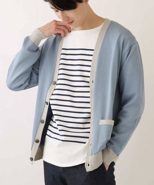 a.v.v(アーヴェヴェ)の「配色ニットカーディガン(カーディガン/ボレロ・メンズ・ベージュ/ライトブルー・48/46)」の1枚目の写真