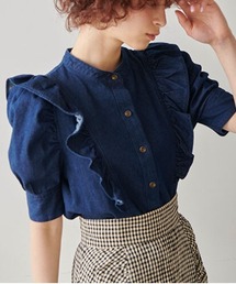 ◆バンドカラー肩フリル半袖デニムブラウス