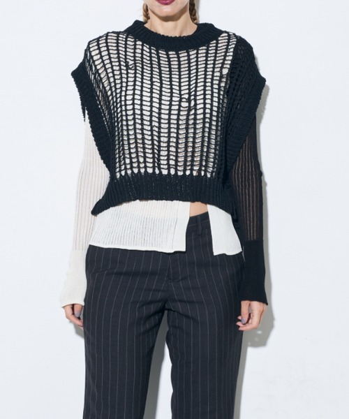 Solace(ソレイス)の「バスケット編みカラーベストトップス(ベスト・レディース・アイボリー/ブラック/ブルー/レッド/オレンジ・FREE)」の2枚目の写真