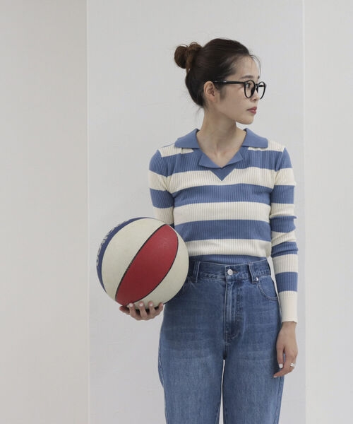 onulsoha（オヌルソハ）の「衿付きボーダーニット（ニット/セーター・レディース・グレー系その他/ブルー系その他/ホワイト系その他・38）」の6枚目の写真