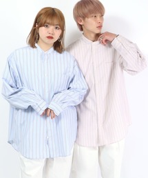 ストライプバンドカラーシャツ メンズ レディース/長袖シャツ ビッグシルエット
