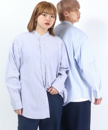 ストライプバンドカラーシャツ メンズ レディース/長袖シャツ ビッグシルエット