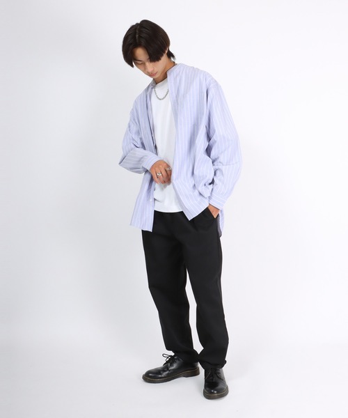 Salong hameu(サロン ハミュー)の「ストライプバンドカラーシャツ メンズ レディース/長袖シャツ ビッグシルエット(シャツ/ブラウス・メンズ・ブルー系その他/ベージュ/サックスブルー/ブルー・M/L)」の15枚目の写真