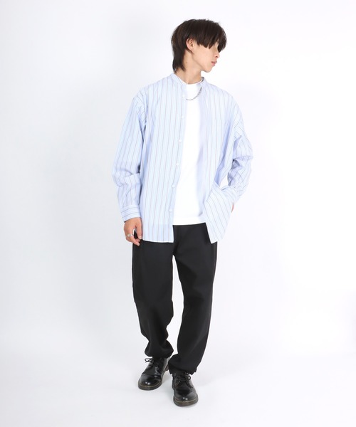Salong hameu(サロン ハミュー)の「ストライプバンドカラーシャツ メンズ レディース/長袖シャツ ビッグシルエット(シャツ/ブラウス・メンズ・ブルー系その他/ベージュ/サックスブルー/ブルー・M/L)」の21枚目の写真