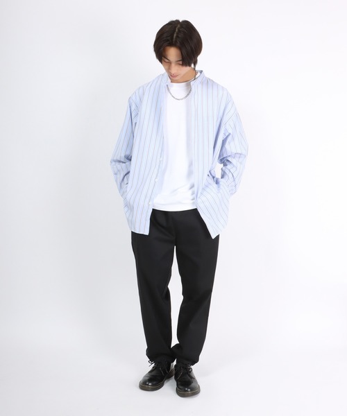 Salong hameu(サロン ハミュー)の「ストライプバンドカラーシャツ メンズ レディース/長袖シャツ ビッグシルエット(シャツ/ブラウス・メンズ・ブルー系その他/ベージュ/サックスブルー/ブルー・M/L)」の19枚目の写真