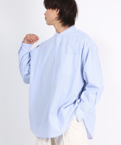 Salong hameu(サロン ハミュー)の「ストライプバンドカラーシャツ メンズ レディース/長袖シャツ ビッグシルエット(シャツ/ブラウス・メンズ・ブルー系その他/ベージュ/サックスブルー/ブルー・M/L)」の9枚目の写真