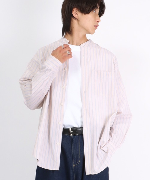 Salong hameu(サロン ハミュー)の「ストライプバンドカラーシャツ メンズ レディース/長袖シャツ ビッグシルエット(シャツ/ブラウス・メンズ・ブルー系その他/ベージュ/サックスブルー/ブルー・M/L)」の5枚目の写真