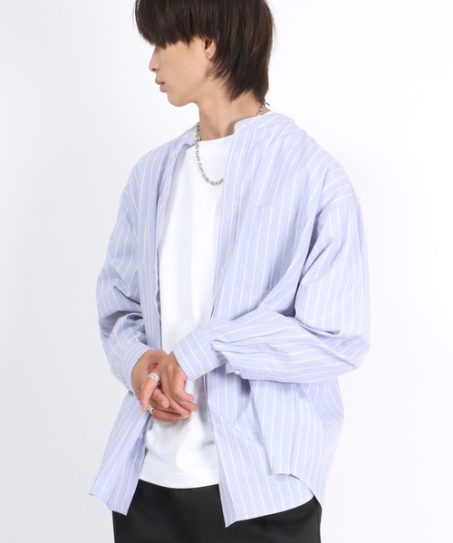 Salong hameu(サロン ハミュー)の「ストライプバンドカラーシャツ メンズ レディース/長袖シャツ ビッグシルエット(シャツ/ブラウス・メンズ・ブルー系その他/ベージュ/サックスブルー/ブルー・M/L)」の13枚目の写真