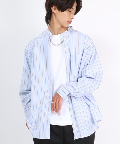 Salong hameu(サロン ハミュー)の「ストライプバンドカラーシャツ メンズ レディース/長袖シャツ ビッグシルエット(シャツ/ブラウス・メンズ・ブルー系その他/ベージュ/サックスブルー/ブルー・M/L)」の18枚目の写真