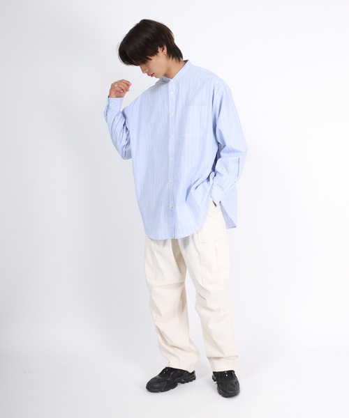 Salong hameu(サロン ハミュー)の「ストライプバンドカラーシャツ メンズ レディース/長袖シャツ ビッグシルエット(シャツ/ブラウス・メンズ・ブルー系その他/ベージュ/サックスブルー/ブルー・M/L)」の11枚目の写真