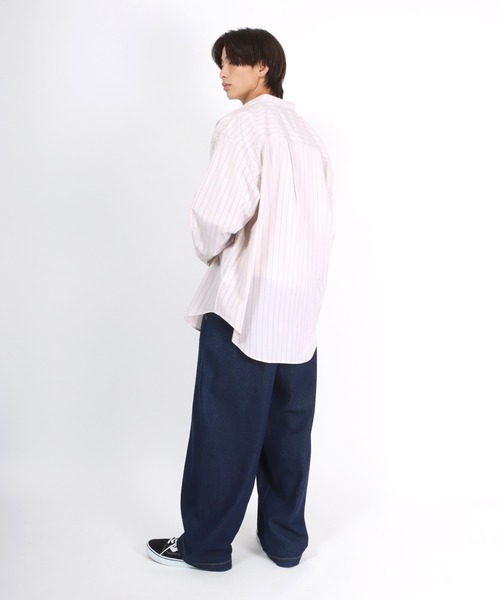 Salong hameu(サロン ハミュー)の「ストライプバンドカラーシャツ メンズ レディース/長袖シャツ ビッグシルエット(シャツ/ブラウス・メンズ・ブルー系その他/ベージュ/サックスブルー/ブルー・M/L)」の7枚目の写真