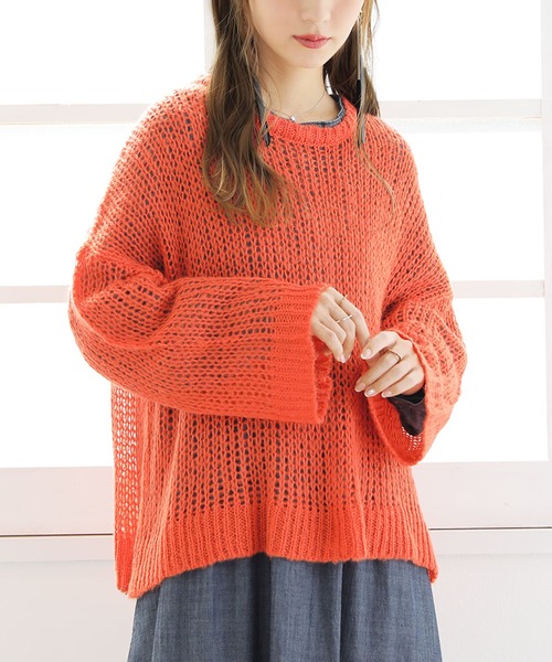osharewalker（オシャレウォーカー）の「【廃盤】『メッシュ編みモヘヤタッチニット』（ニット/セーター・レディース・オレンジ/ネイビー・FREE）」の2枚目の写真
