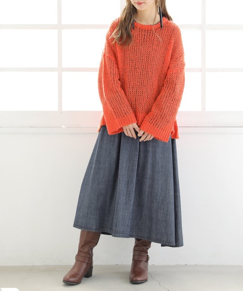 osharewalker（オシャレウォーカー）の「【廃盤】『メッシュ編みモヘヤタッチニット』（ニット/セーター・レディース・オレンジ/ネイビー・FREE）」の6枚目の写真