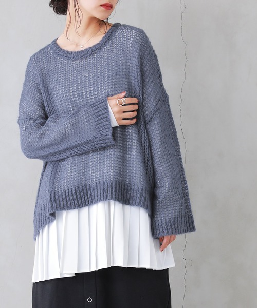 osharewalker（オシャレウォーカー）の「【廃盤】『メッシュ編みモヘヤタッチニット』（ニット/セーター・レディース・オレンジ/ネイビー・FREE）」の9枚目の写真