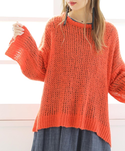 osharewalker（オシャレウォーカー）の「【廃盤】『メッシュ編みモヘヤタッチニット』（ニット/セーター・レディース・オレンジ/ネイビー・FREE）」の3枚目の写真