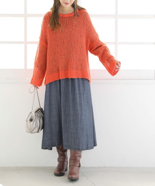 osharewalker（オシャレウォーカー）の「【廃盤】『メッシュ編みモヘヤタッチニット』（ニット/セーター・レディース・オレンジ/ネイビー・FREE）」の5枚目の写真