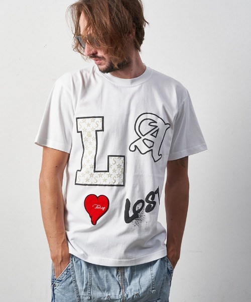 STUD MUFFIN(スタッドマフィン)の「mt8093-5.6ozコットン天竺LAフォームプリント-サガラパッチSSTシャツ(Tシャツ/カットソー・メンズ・ホワイト/ブラック/アッシュ・2/4/3)」の4枚目の写真