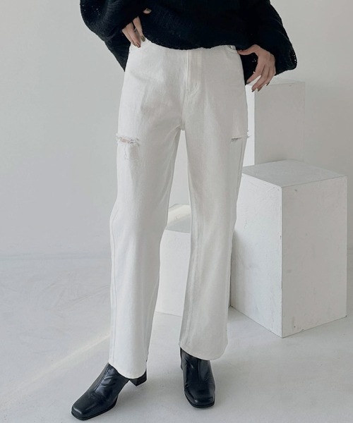 hellam（へラム）の「サイドダメージ ワイドパンツ（デニムパンツ・レディース・ブルー/その他/ホワイト/ブラック・SMALL/MEDIUM）」の2枚目の写真