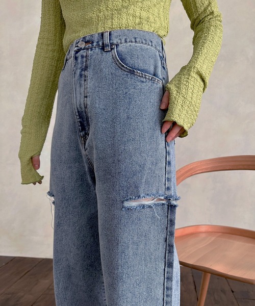 hellam（へラム）の「サイドダメージ ワイドパンツ（デニムパンツ・レディース・ブルー/その他/ホワイト/ブラック・SMALL/MEDIUM）」の9枚目の写真