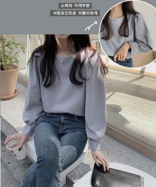 almo(アルモ)の「ギャザーボリューム袖ブラウス(BEY)(シャツ/ブラウス・レディース・ホワイト/ブルー・MEDIUM/LARGE/SMALL)」の10枚目の写真
