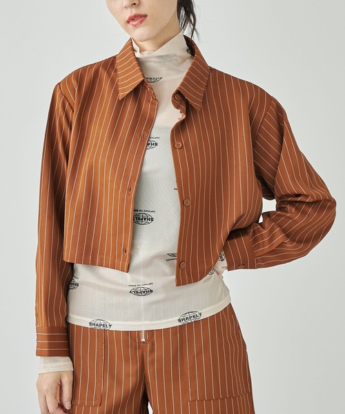ANAP(アナップ)の「ピンストライプクロップドシャツ【セットアップ対応】(シャツ/ブラウス・レディース・スミクロ/オフホワイト/ブラウン・FREE)」の1枚目の写真