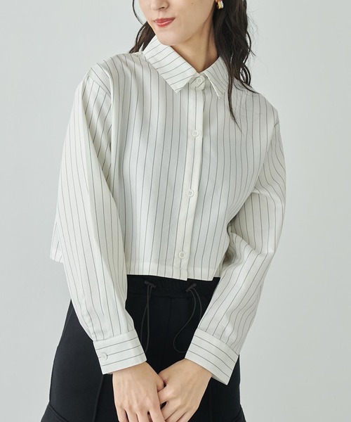 ANAP(アナップ)の「ピンストライプクロップドシャツ【セットアップ対応】(シャツ/ブラウス・レディース・スミクロ/オフホワイト/ブラウン・FREE)」の2枚目の写真