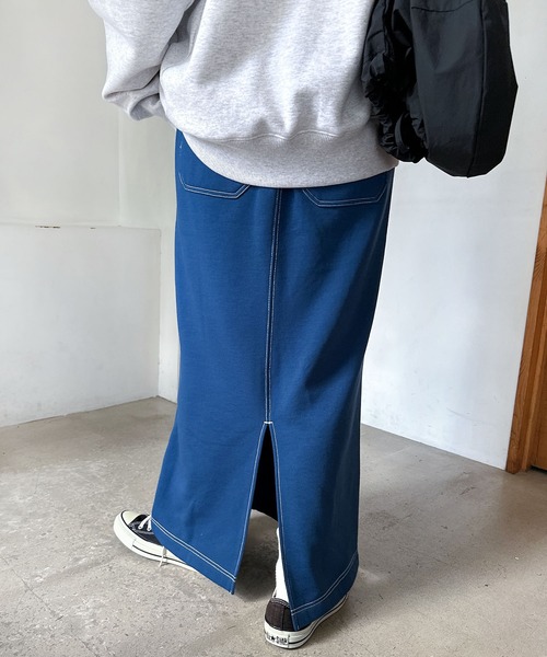 配色ステッチ裏起毛スウェットロングタイトスカート（スカート