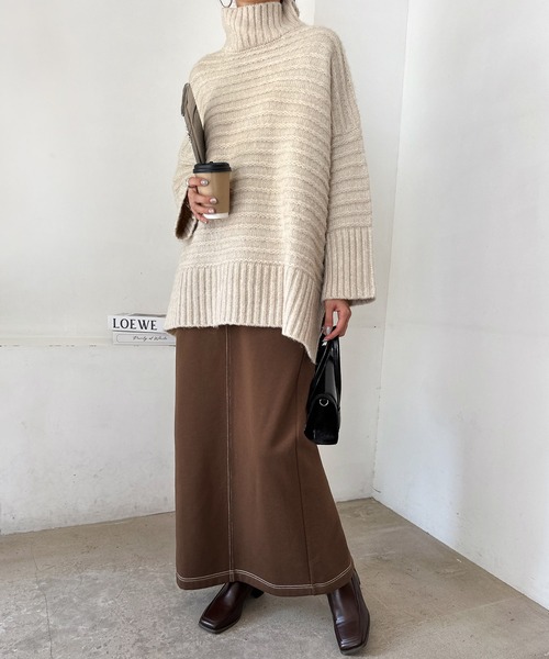 セール】配色ステッチ裏起毛スウェットロングタイトスカート