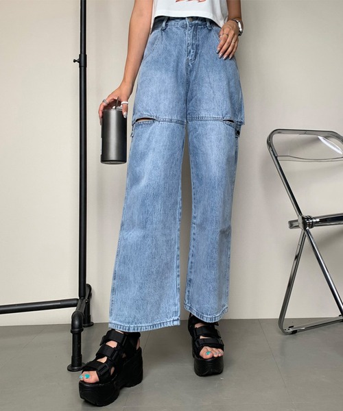 non-hedge（ノンヘッジ）の「サイドカットボタンワイドデニムパンツ（デニムパンツ・レディース・オフホワイト/ブルー/ブラック・M/S）」の3枚目の写真