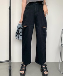 サイドカットボタンワイドデニムパンツ