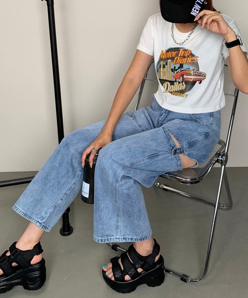 non-hedge（ノンヘッジ）の「サイドカットボタンワイドデニムパンツ（デニムパンツ・レディース・オフホワイト/ブルー/ブラック・M/S）」の4枚目の写真
