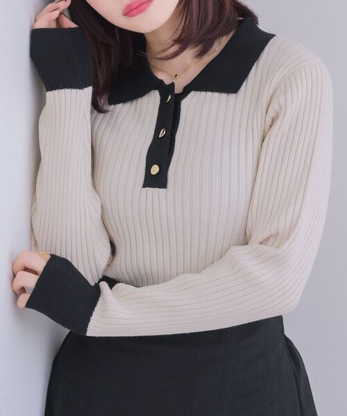 ems excite（エムズエキサイト）の「襟付きリブNTPO（ニット/セーター・レディース・チャコールグレー/ブルー/ナチュラル・FREE）」の2枚目の写真