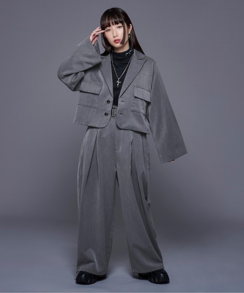 f661017ベルト無ウエットズボン LL ベルト付き2wayタックパンツ/セットアップ対応（スラックス