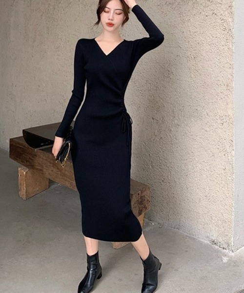 Miniministore(ミニミニストア)の「カシュクール リブニットワンピース 秋冬(ワンピース・レディース・ブラック/チャコールグレー・フリー)」の9枚目の写真