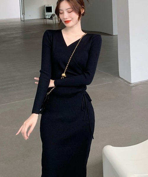 Miniministore(ミニミニストア)の「カシュクール リブニットワンピース 秋冬(ワンピース・レディース・ブラック/チャコールグレー・フリー)」の11枚目の写真