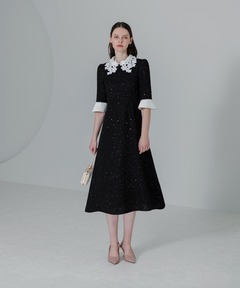 lejaラメ混ツイードレザーパイピングパール釦スパンコール刺しゅうロング丈ドレス セール】【LEJA】ラメ混ツイードレザーパイピングパール釦スパンコール