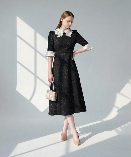 セール】【LEJA】花柄レースカラースパンコール刺繍Aラインフレ