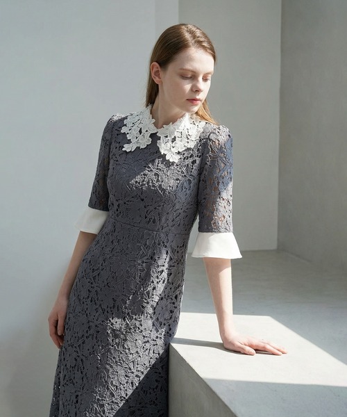 セール】【LEJA】花柄レースカラースパンコール刺繍Aラインフレ