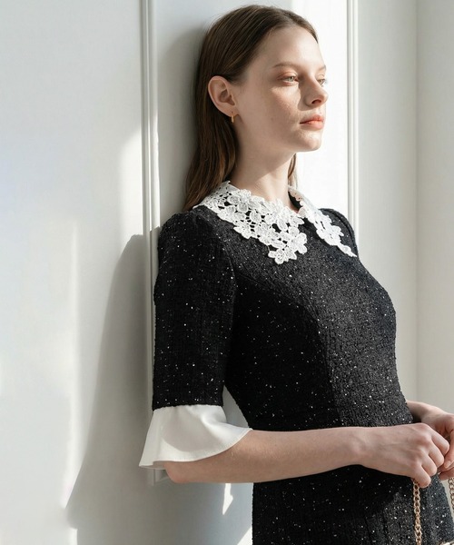 セール】【LEJA】花柄レースカラースパンコール刺繍Aラインフレ