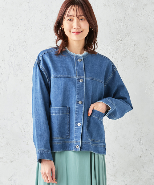 Petit Honfleur（プチオンフルール）の「ノーカラーデニムジャケット（デニムジャケット・レディース・ネイビー/ブルー・9号/11号/13号）」の6枚目の写真