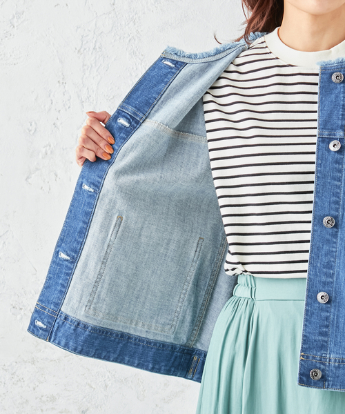 Petit Honfleur（プチオンフルール）の「ノーカラーデニムジャケット（デニムジャケット・レディース・ネイビー/ブルー・9号/11号/13号）」の12枚目の写真