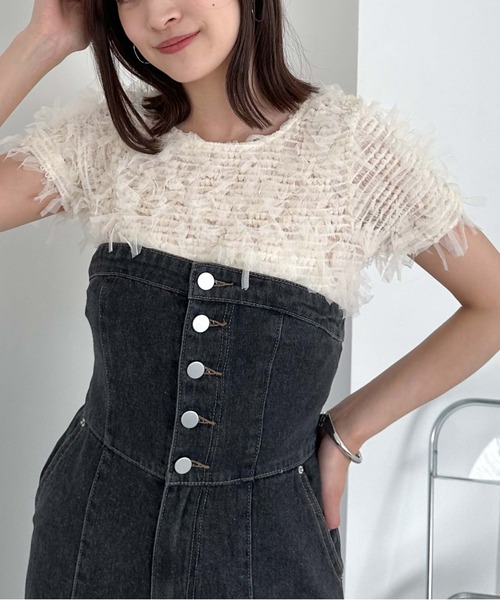 archives(アルシーヴ)の「リボンチュールコンパクトTOPS(Tシャツ/カットソー・レディース・オフホワイト/ブラック/アイボリー・MEDIUM)」の1枚目の写真
