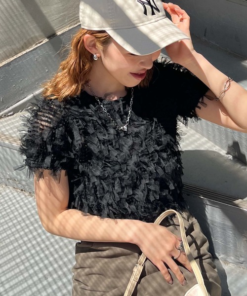 archives(アルシーヴ)の「リボンチュールコンパクトTOPS(Tシャツ/カットソー・レディース・オフホワイト/ブラック/アイボリー・MEDIUM)」の3枚目の写真