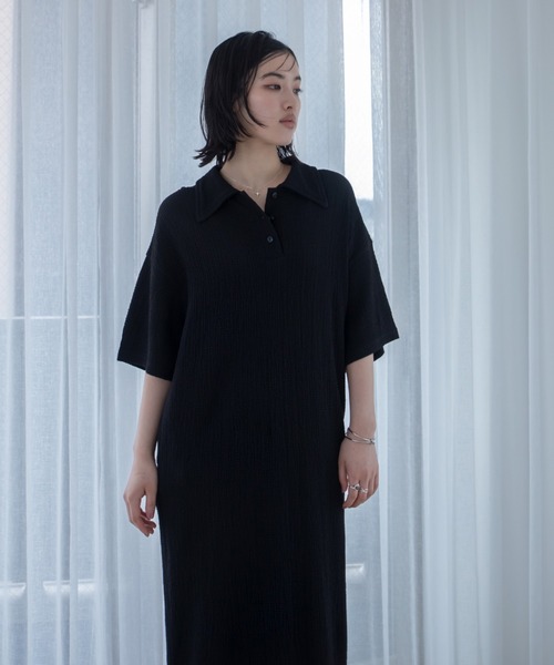 レースシャーリングワンピース（BLACK） JQシャーリングポロロングワンピース（ワンピース）｜VACANCY