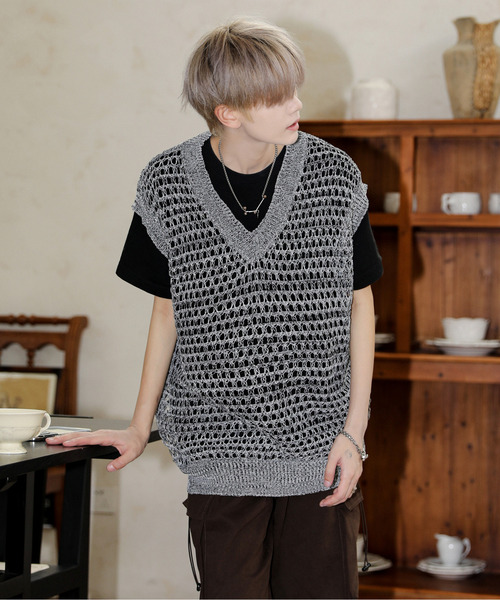 neos（ネオス）の「【neos】ルーズシルエット グラデーション ボーダー メッシュ シアー ニット Vネック ベスト（ベスト・メンズ・ブラック/サックスブルー・MEDIUM/LARGE/X-LARGE）」の5枚目の写真