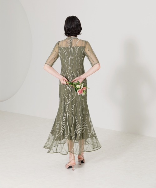 きなこ様　LEJA-半袖シアーレーススパンコールパフスリーブマーメイドワンピース Leja（レジャ）の「【LEJA】半袖シアーレースチュール素材