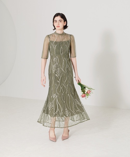 きなこ様　LEJA-半袖シアーレーススパンコールパフスリーブマーメイドワンピース パフスリーブマーメイドワンピース きなこ様 LEJA-半袖シアーレース